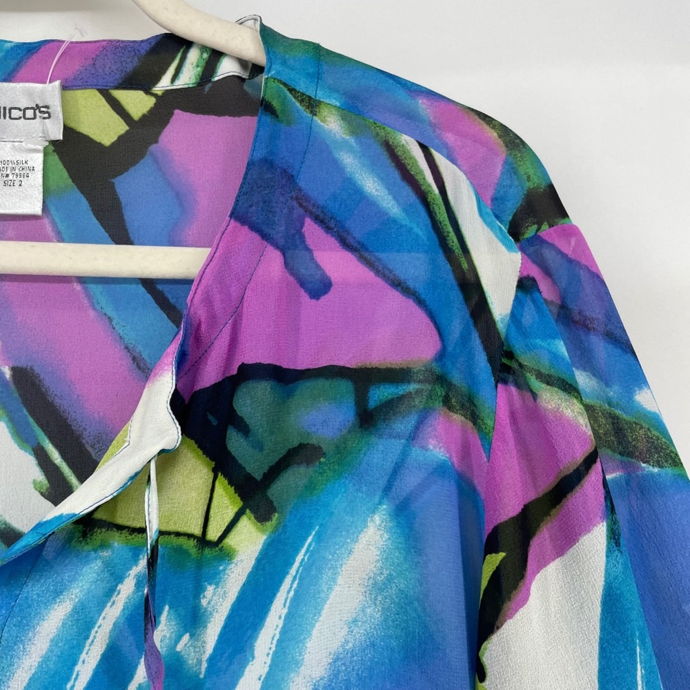 Chico's Size 2 Large 100% Silk‎ Blouse Blue Green Abstract Print Top 100% Silk - Picture 4 of 7